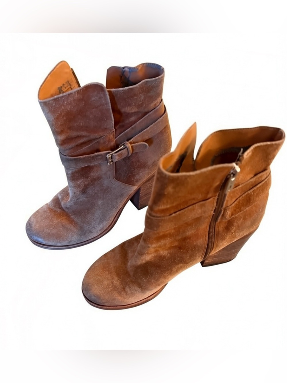 Sam Edelman Cognac Suede Block Heel Ankle Boots Buckle Strap Booties - Picture 2 of 5